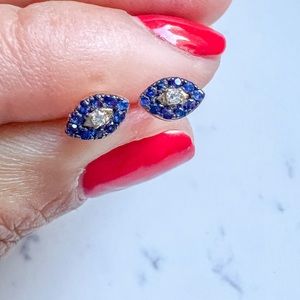 Blue Sapphire and Diamond Evil Eye Stud Earrings 14K Gold